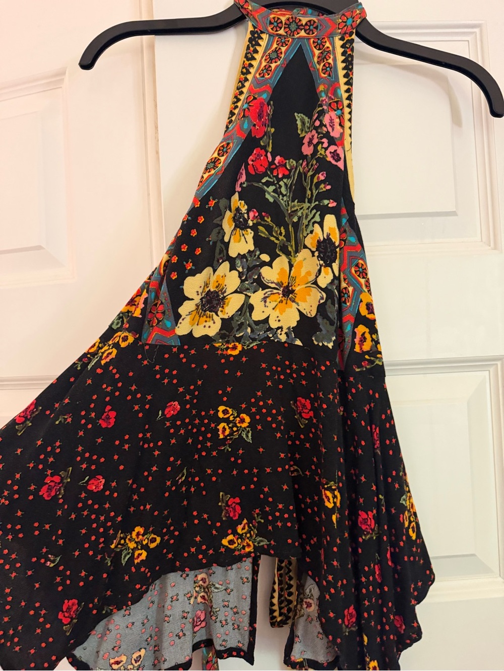 Free People Black Halter Asymmetrical Floral Top with Yellow & Orange Accents